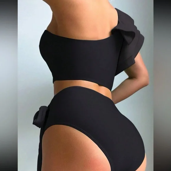 Black Swimsuit Swear wear Ruffle Trim One Shoulder Top High Waist Bottom - Picture 3 of 15